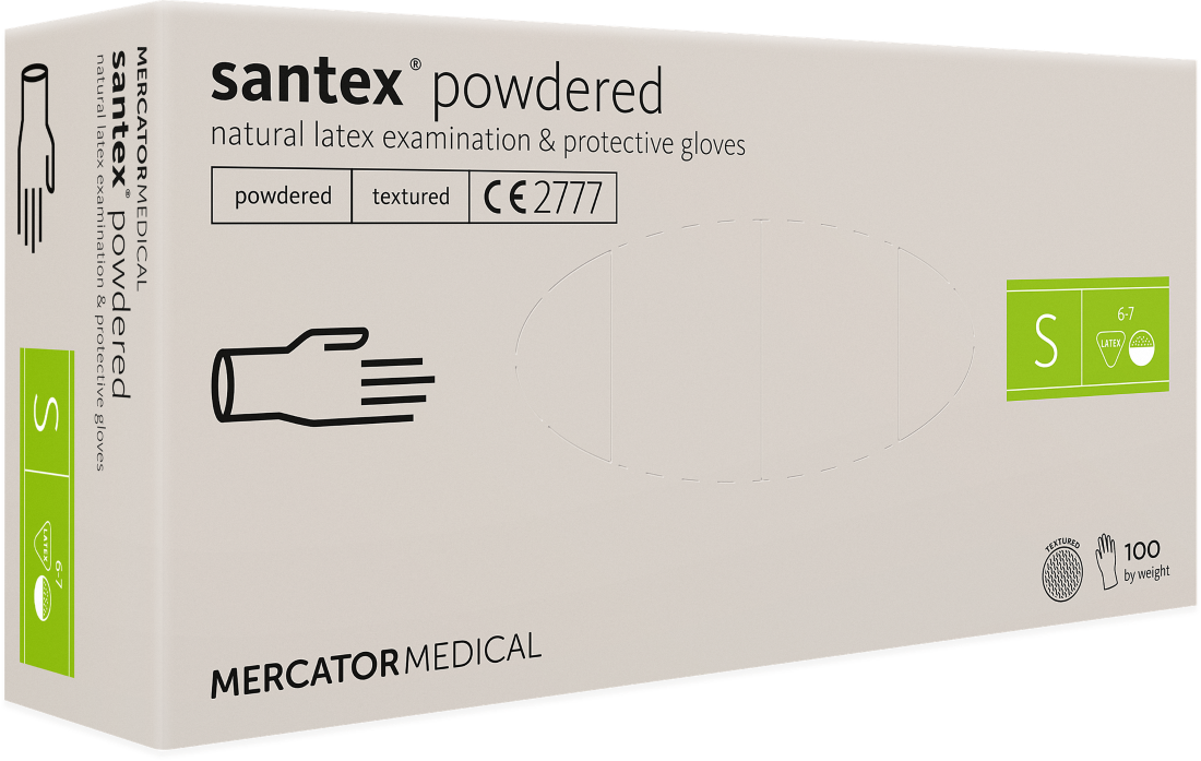 Рукавички латексні оглядові нестерильні припудрені Santex® Powdered, розмір S, Mercator Medical